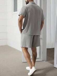 Manfinity Homme Men's Plus Size Solid Color Button Front Short Sleeve Shirt And Shorts Casual Set - Grey - View 2