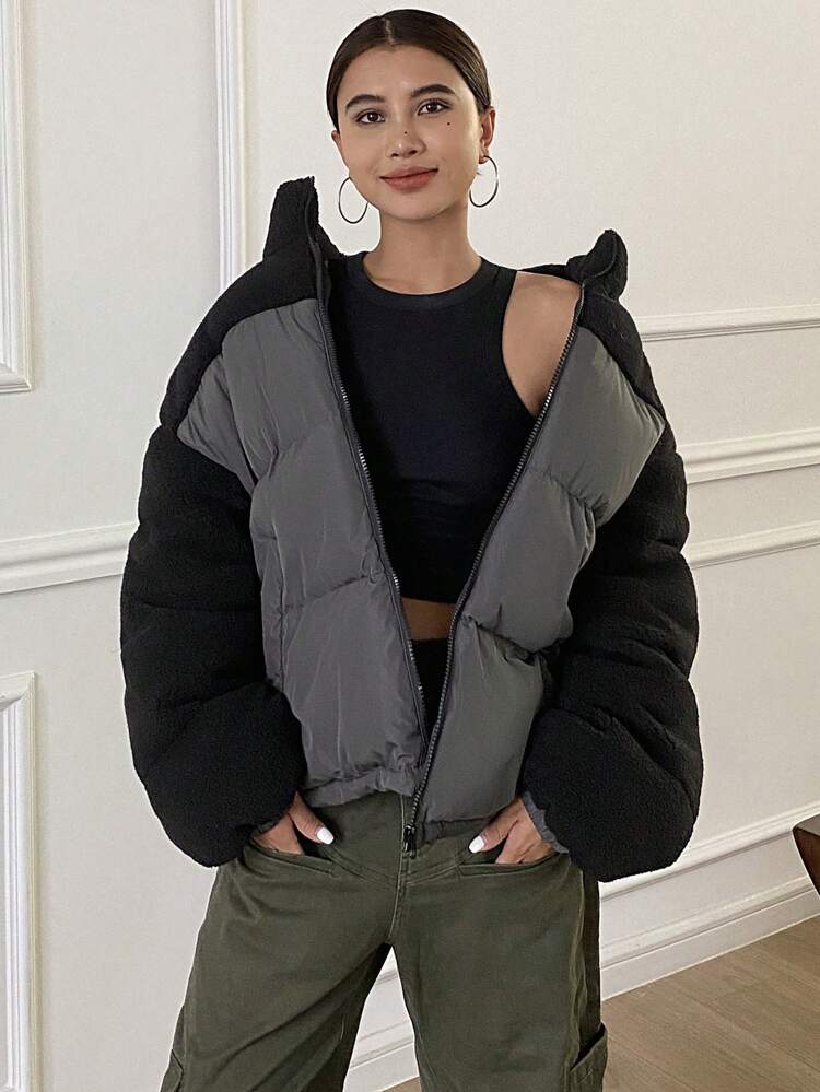 Women's Loose Fit Woolen Coat With Contrast Stand Collar And Long Sleeves, Winter Women Clothes, Padded Coat Women Jacket