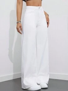 SHEIN ICON 女式純色日常牛仔褲 - 白色 - 查看 5