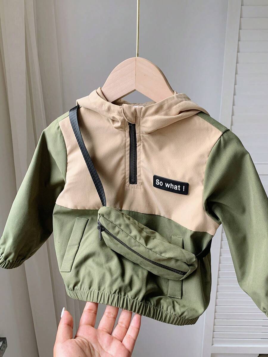 SHEIN 2pcs Young Boy Casual College Style Contrast Color Spliced With Accessories, Outdoorsy Tool Bag, Half-Open Zipper Hooded Jacket And Pants Suit, Suitable For Outdoor Activities, School Or Gathering, Autumn/Winter - Army Green - View 1