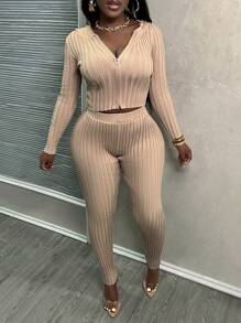 Slaydiva 女士纯色长袖连帽毛衣上衣和裤子两件套 - 卡其色 - 查看 3