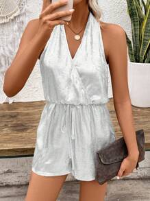 Breezaya 休閒女士純色簡約日常佩戴露背吊帶連體褲，配帶頸巾