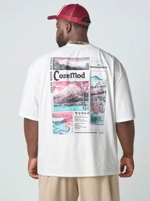 Manfinity NXTstreet Manfinity CozeMod Men's Plus Size Casual Knit Loose Fit Japanese Landscape Illustration Print Short Sleeve T-Shirt With Wide Neckline, Ideal For Summer Daily Wear,Red Graphic T Shirt