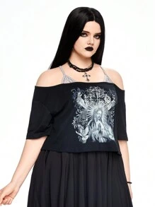 ROMWE Goth Camiseta diaria simple impresa de hombros abiertos para mujeres de talla grande - Negro - Ver 3