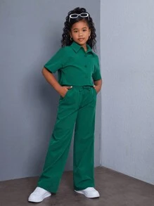 SHEIN Conjunto de camisa de manga corta holgada y casual de unicolor y pantalones anchos para niñas preadolescentes con bolsillos de parche