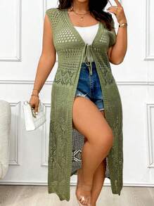 Calvaya Plus Tie Front Knitwear Sleeveless Cardigan - Green - View 1