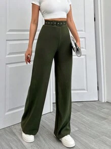 EURMUSE 寬腿褲配腰帶 - 卡其色 - 查看 5