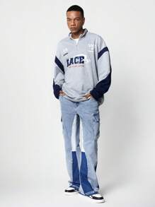 ROMWE MEN Men's Patchwork Color Block Flared Leg Street Casual Cargo Jeans Pants, School - Blue - View 3