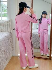 SHEIN Tween Girl 编织缎带蝴蝶结短夹克 + 阔腿长裤两件套 - 粉色 - 查看 2