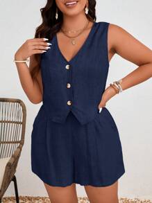 SHEIN Frenchy Estate vacanza casual anteriore-pulsante gilet e pantaloncini con tasche taglie forti 2 pezzi/set - Blu Navy - Visualizzare 5