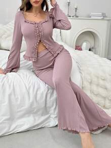 Lapel Collar & Ruffle Hem Split Design Women's Homewear Set - Dusty Pink - View 4