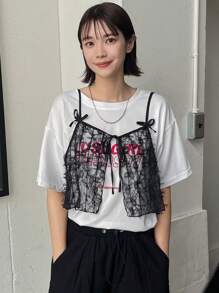 FRIFUL Ladies' Solid Color Simple Daily Wear Lace Bowknot Tie Back Tank Top - Black - View 3