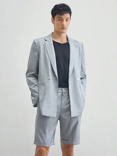 Manfinity VCAY 2pcs Men's Woven Integrated Casual Blazer Suit Set With Flat Lapel, Short Jacket, And Straight Shorts, Suitable For Summer And Office