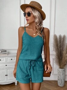 EMERY ROSE Ladies' Solid Color Simple Daily Wear Tank Top And Shorts 2pcs Set - Teal Blue - View 5