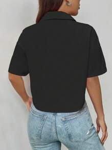 SHEIN LUNE Ladies' Solid Color Simple Everyday Short Casual Black Shirt,Short Sleeve Tops - Black - View 2