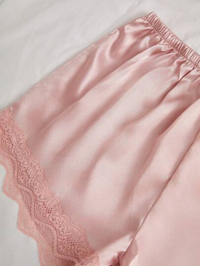 Kanten Patchwork Zijden Imitation Set Of Cami Top Shorts, Pants, Belted Robe, Pajama Set, Fall Clothes Cozy Elegante view 5