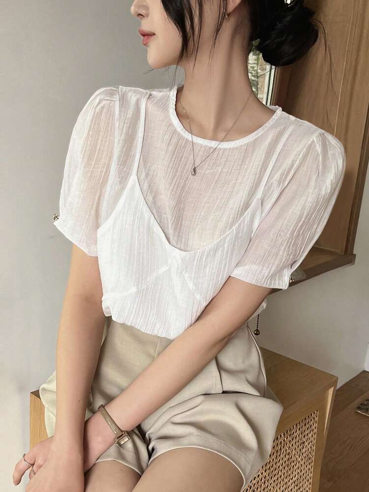 Women's Solid Color Round Neck 2 In 1 Loose Short Sleeve Shirt,Ruffle Sheer