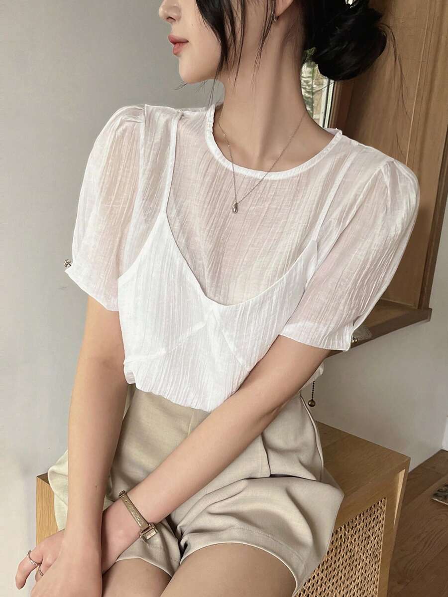 DAZY 女士纯色圆领二合一宽松短袖衬衫,荷叶边透视 - 白色 - 查看 1