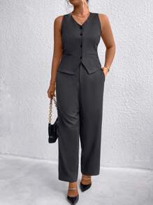 SHEIN Clasi Chaleco de mujer de talla grande abotonado y sin mangas y pantalones de traje para el verano