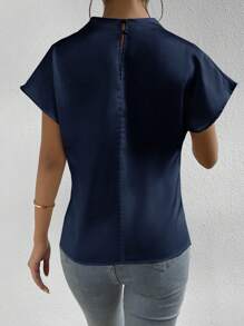 RiviMae 立领纯色褶皱真丝优雅短袖衬衫 - 寶藍色 - 查看 2