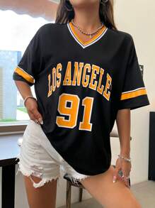 StreetHx Los Angeles English Numeric Pattern Ribbed V-Neck Oversized T-Shirt Graphic Tees Women Tops