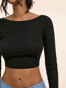 Forever 21 秋冬新款船領長袖彈性針織T恤 - 黑色 - 查看 7