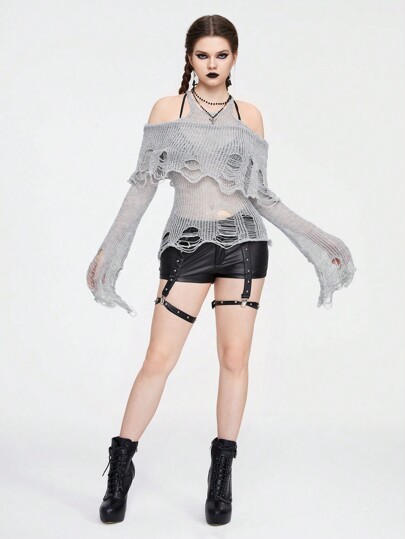Grunge Punk Pull de mode pour femme avec épaules découvertes et aspect usé