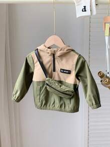 SHEIN 2pcs Young Boy Casual College Style Contrast Color Spliced With Accessories, Outdoorsy Tool Bag, Half-Open Zipper Hooded Jacket And Pants Suit, Suitable For Outdoor Activities, School Or Gathering, Autumn/Winter - Army Green - View 3
