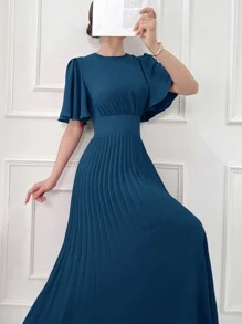 Modelyn Women's Solid Color Round Neck Pleated Arab Summer Elegant Dress - Teal Blue - View 6