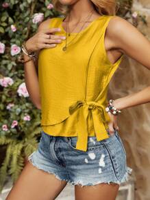 Breezaya Camisa sin mangas con cuello redondo y nudo delantero en unicolor, tops sin mangas de verano - Amarillo - Ver 5
