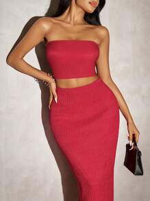 SHEIN SXY Red Textured Strapless Top & Skirt Two-Piece Set - Red - View 7