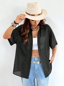 SHEIN EZwear Áo Sơ Mi Nữ Tay Lửng Màu Đen Sheer Cổ Điển, Cổ Điển, Có Nút Xuống - màu đen - Xem 3