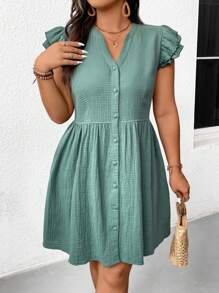 SHEIN Frenchy Plus Kích thước Cổ chữ V dành cho nữ, Quay lại đến trường ,Màu trơn Đơn giản Mặc hàng ngày Váy - Màu xanh lá cây đậm - Xem 4