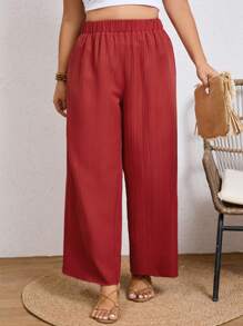 SHEIN Frenchy Plus Quần ống rộng Plisse trơn cho trang phục thường ngày - Gỗ đỏ - Xem 3