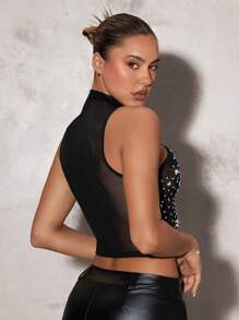 SHEIN BAE 實色米卡其裸色鄉村音樂會裝，適用於鄉村節日裝、音樂節裝和音樂會服裝 - 華麗的鑽石和高質量網眼材料，裝飾著華麗的細節，非常適合派對、晚會和夏季活動，采用性感的網眼背心緊身款式