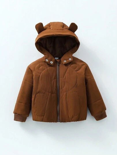 Young Girls Winter Hooded Padded Coat, Solid Color, Cute Bear Style, Zipper, Long Sleeves, Suitable For Outdoor Activities