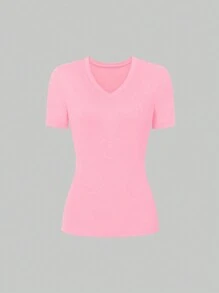 SHEIN LUNE Solid Color V-Neck Casual Short Sleeve T-Shirt For Summer - Multicolor - View 7