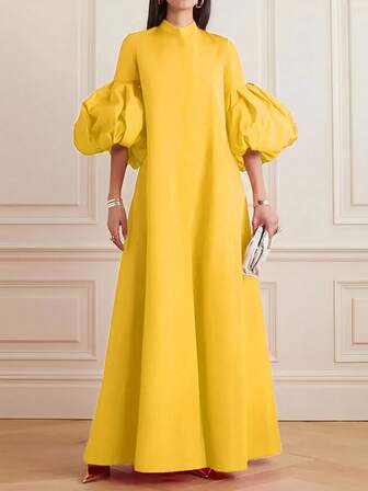 Enfärgad Elegant Lantern Arm Long Klänning Formell kvällsbal Bröllopsgästklänning, för examen, festklänning