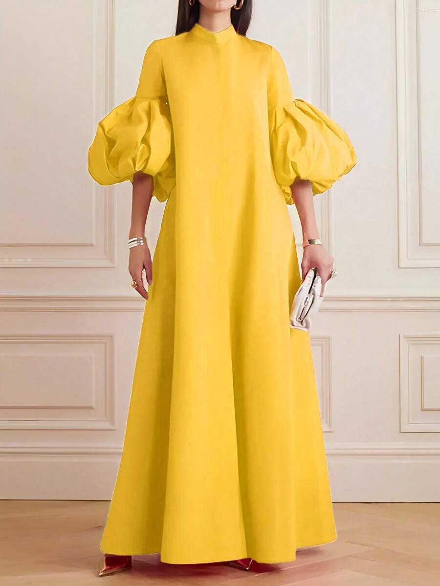纯色优雅灯笼袖长裙正式晚会舞会婚礼宾客礼服，适合毕业典礼、晚宴派对礼服