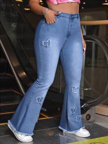 SHEIN ICON Damen Jeans in Große Größen mit Schlag und Roh-Saum für den täglichen Gebrauch - Mittele Waschung - Übersicht 6