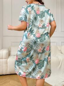 Plus Size Women's Tropical Plant Printed Round Neck Short Sleeve Pajama T-Shirt Dress