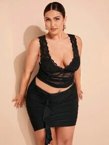 SHEIN BAE 夏季大码女式甜美性感蕾丝拼接吊带背心上衣 - 黑色 - 查看 6