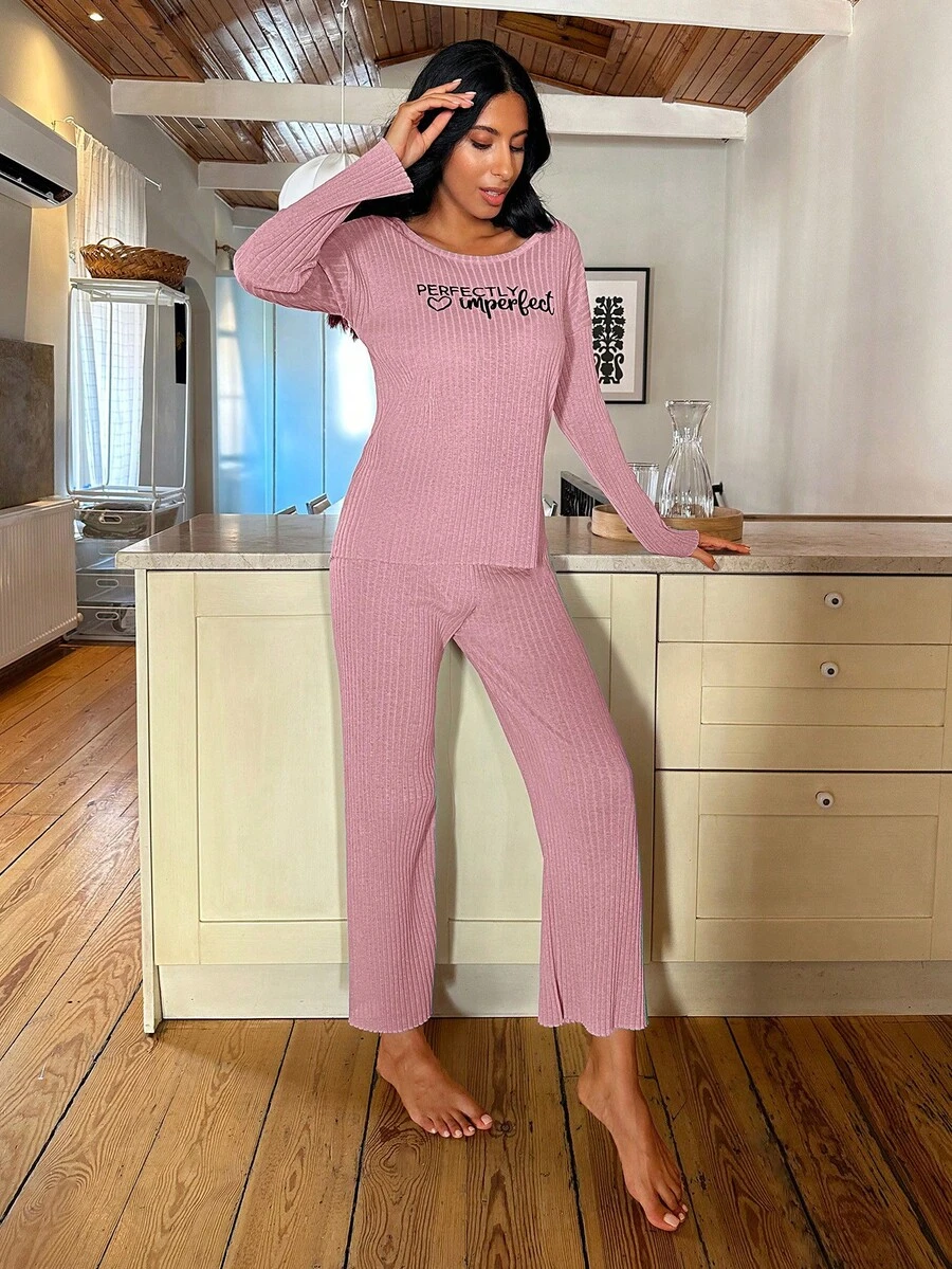RueChic Letter Graphic Rib-knit Lounge Set