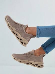 Lace-Up Front Knit Wide Fit Running Shoes Tainers - Brown - View 1