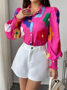 SHEIN LUNE 女士春夏時尚寬鬆燈籠袖花卉印花襯衫 - 玫紅色 - 查看 5