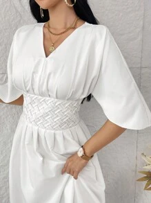 Modelyn Vestidos largos de noche unicolor y cuello en V sencillo para uso diario de damas - Blanco - Ver 8