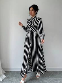 Selianne 女士时尚长袖翻领条纹连衣裙配腰带，适合通勤和休闲场合，女士休闲口袋长袖衬衫领常规版型长款黑白常规袖拼色，条纹衬衫女长裙，春季/秋季，休闲日常穿着长款女装 - 黑與白 - 查看 7