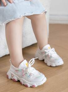 Girls' Casual Sports Shoes, Breathable Colorful Mesh Sneakers, Lightweight Running Shoes, Chunky Sneakers, Toddler Walking Shoes - White - View 4