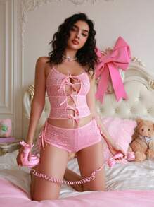 PetitDoll Damen BH Bralette und Höschen Set mit Kreuzschnürung in einfarbiger Einfarbig und Cut Out Aussparungen als sexy Dessous