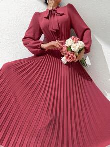 Modelyn Solid Color Arabic Style Pleated Front-Tied Dress For Women - Pink - View 5